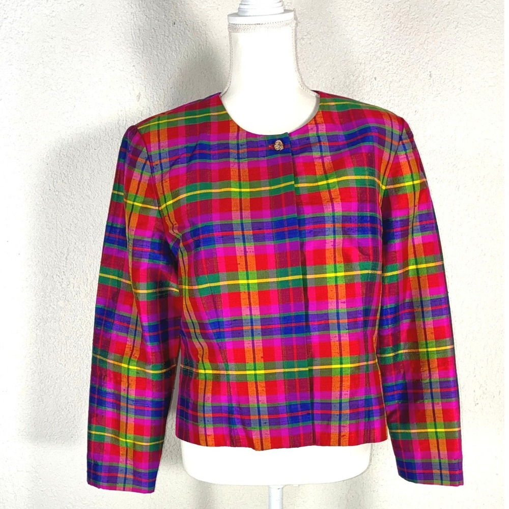 Maggy L Vintage 100% Silk Plaid Blazer Jacket Multicolor Crop Top Button Size 14